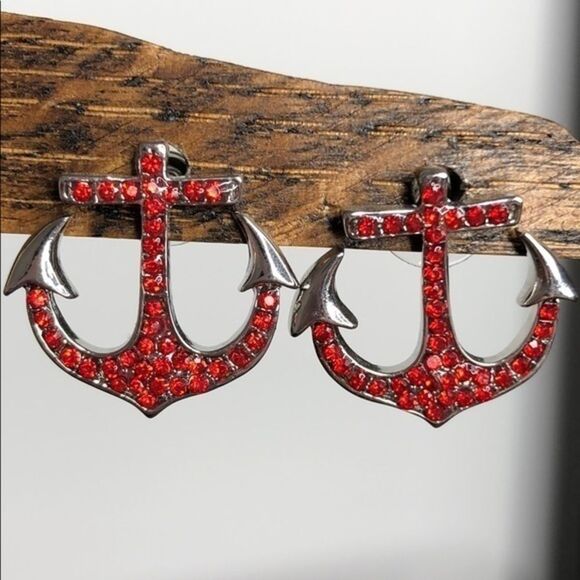 Red Anchor Rhinestone Earrings - Picture 1 of 5